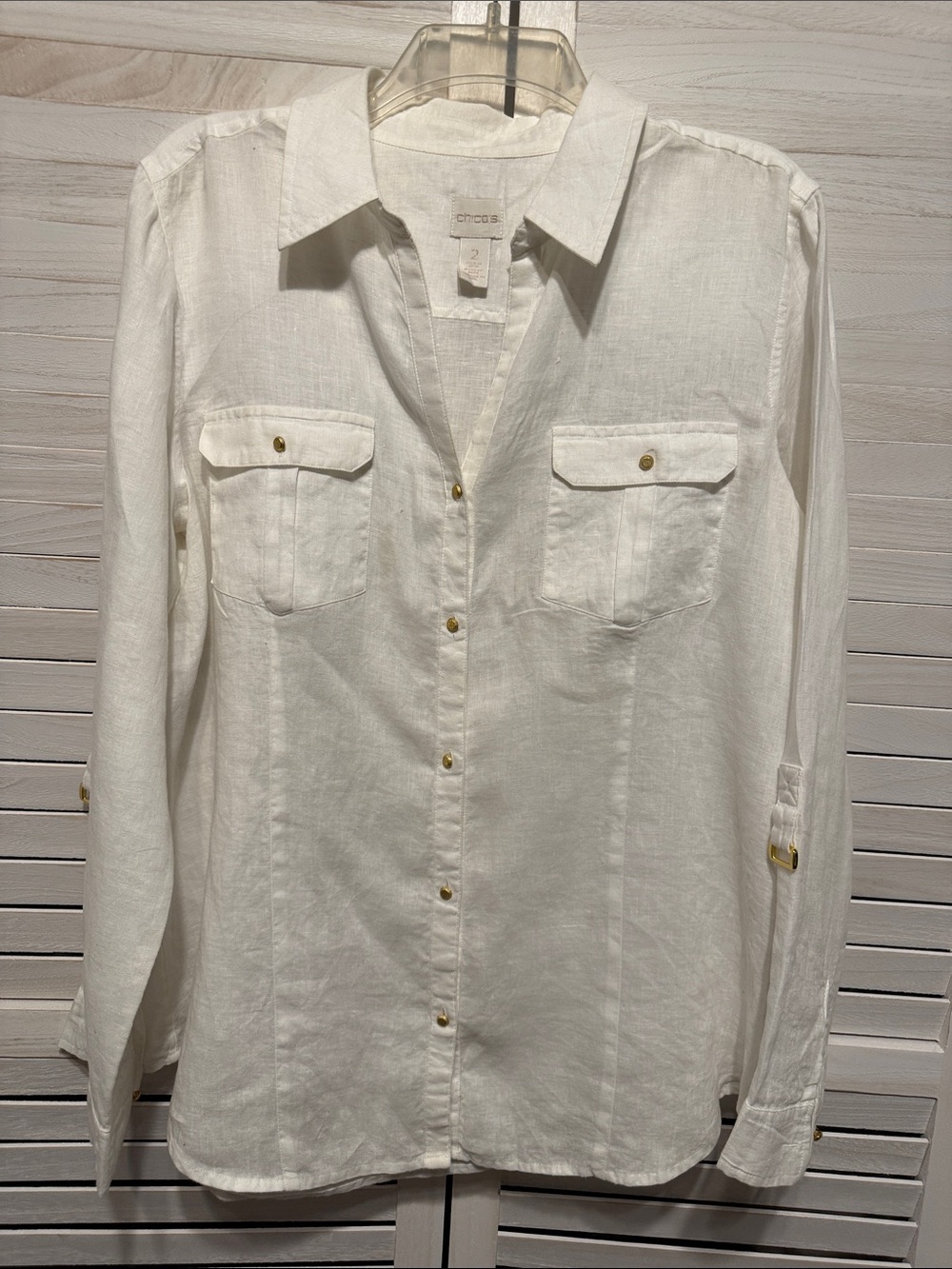 Chico's Linen Ivory Button-Down Shirt with Roll Tab Sleeves. Chico’s 2 (L)